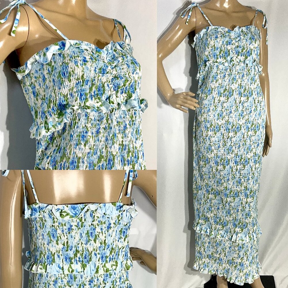 Shein Size L Shirred Floral Maxi Dress Blue Womens Sleeveless